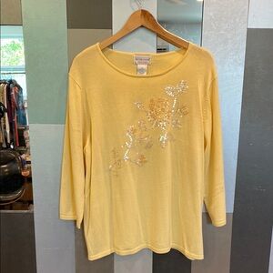 NWT VICTOR COSTA Yellow Sequin Floral Women's Sweater LS Top